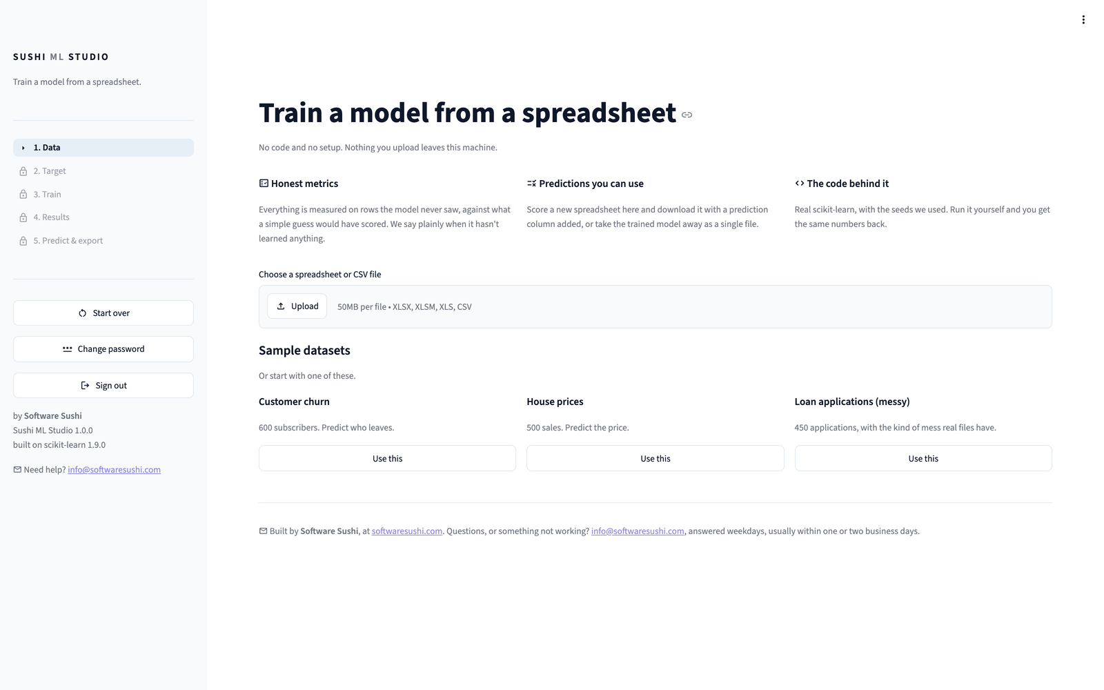 The Sushi ML Studio start page