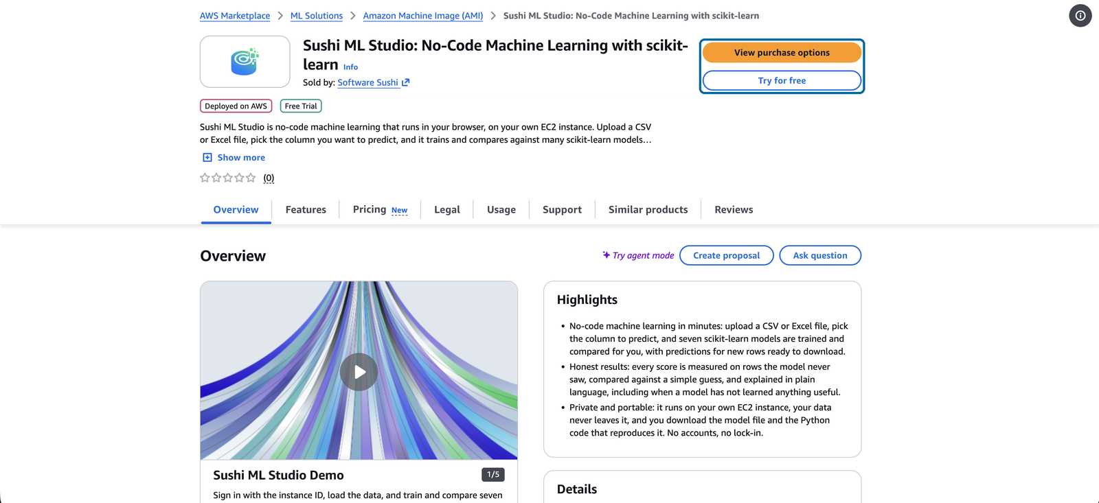 The Sushi ML Studio listing in AWS Marketplace