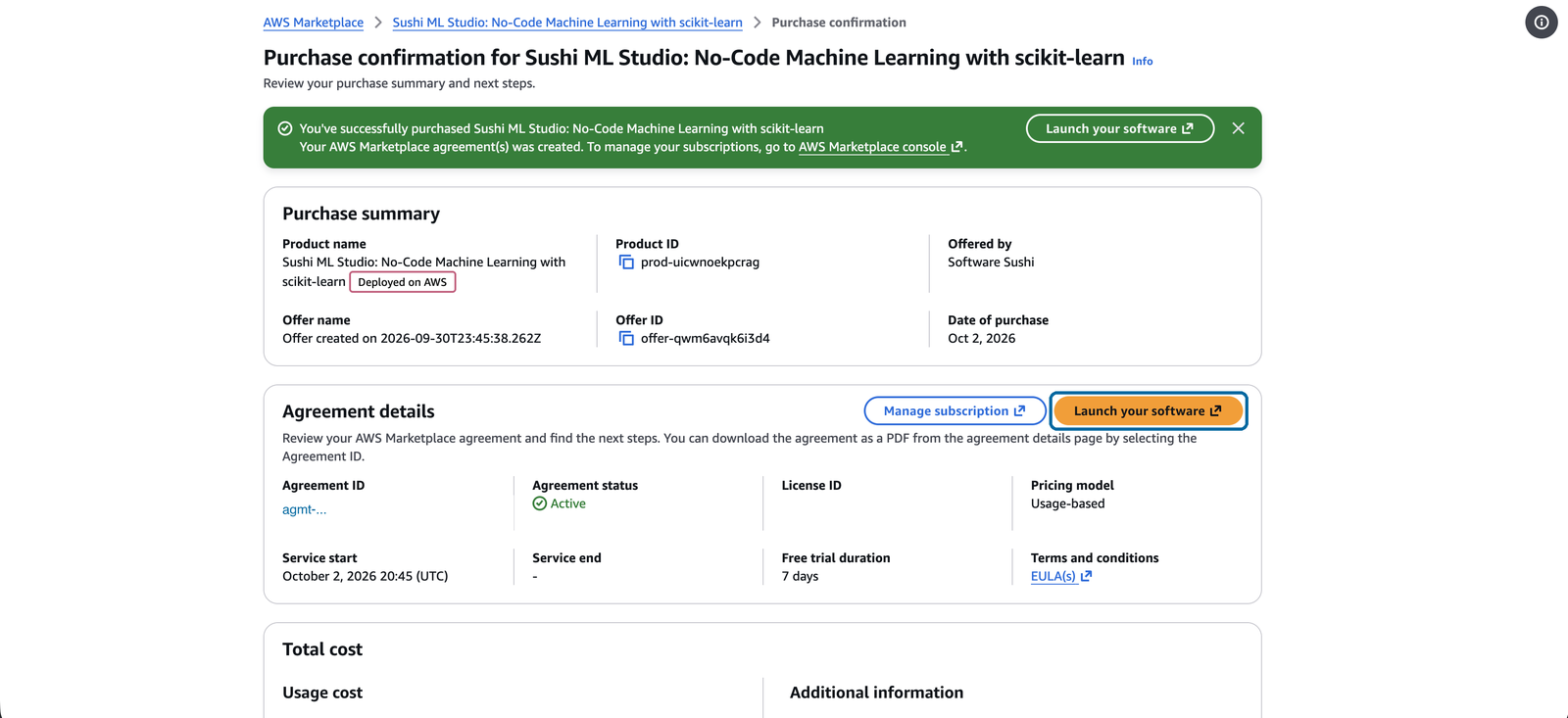 The purchase confirmation page