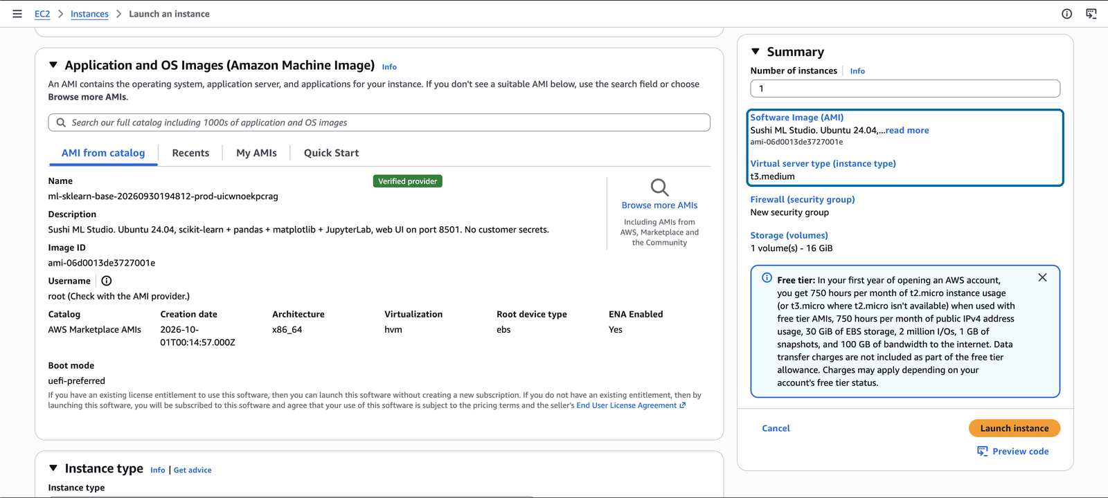 The launch page, with the Sushi ML Studio image already chosen