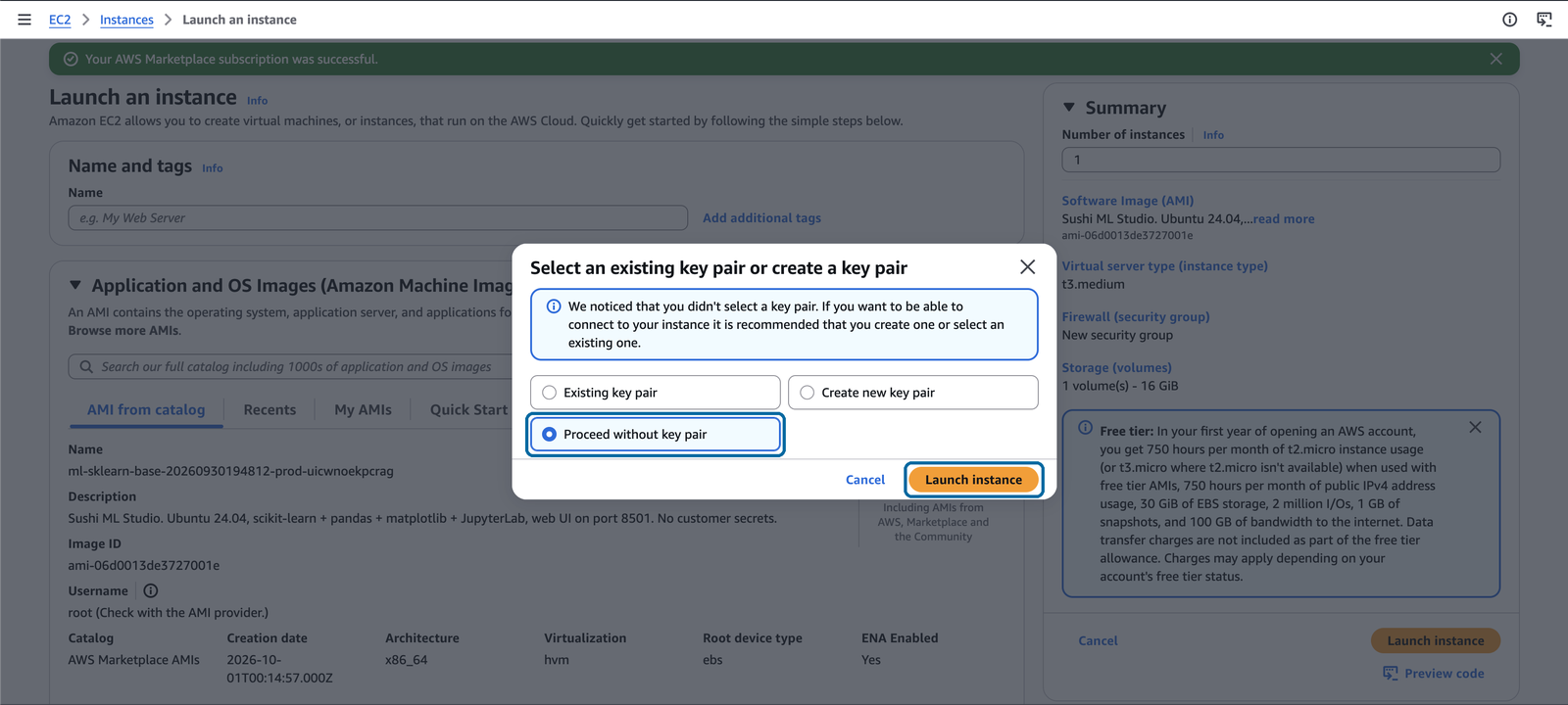 Choosing Proceed without key pair