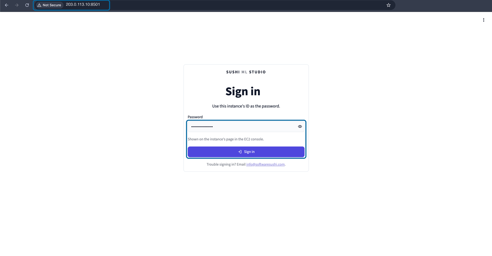 The Sushi ML Studio sign-in screen